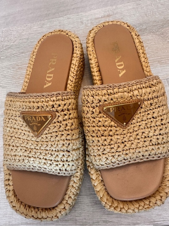 Prada Shoes - Authentic Prada women Crochet Slide Sandals in Natural Beige with Gold Logo